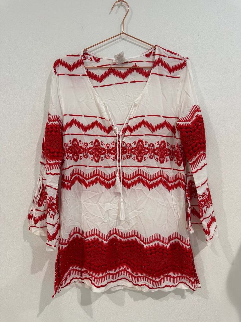 La Blanca V-Neck Embroidered Tunic Cover-Up with Bell Sleeves